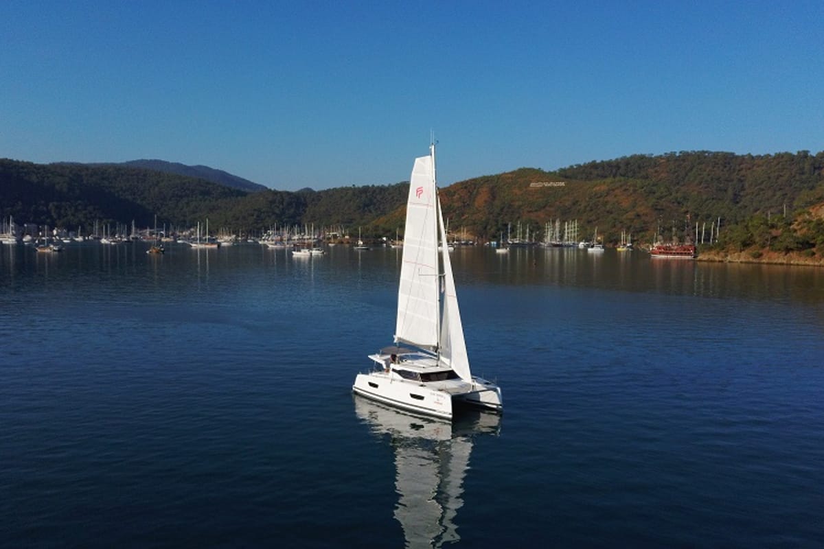 Exterior view of Blue Orion, a Fountaine Pajot Isla 40 catamaran at Fethiye, Turkey
