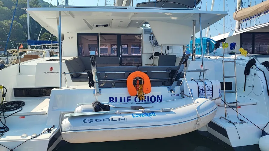 Deck of Blue Orion, a Fountaine Pajot Isla 40 catamaran at Fethiye, Turkey