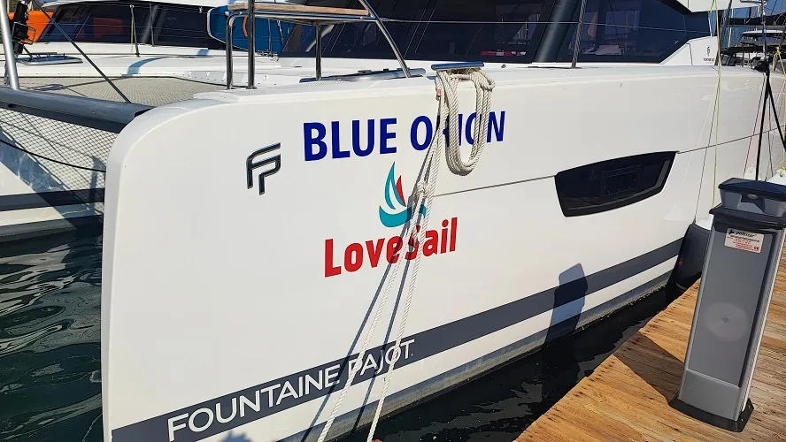 Exterior view of Blue Orion, a Fountaine Pajot Isla 40 catamaran at Fethiye, Turkey