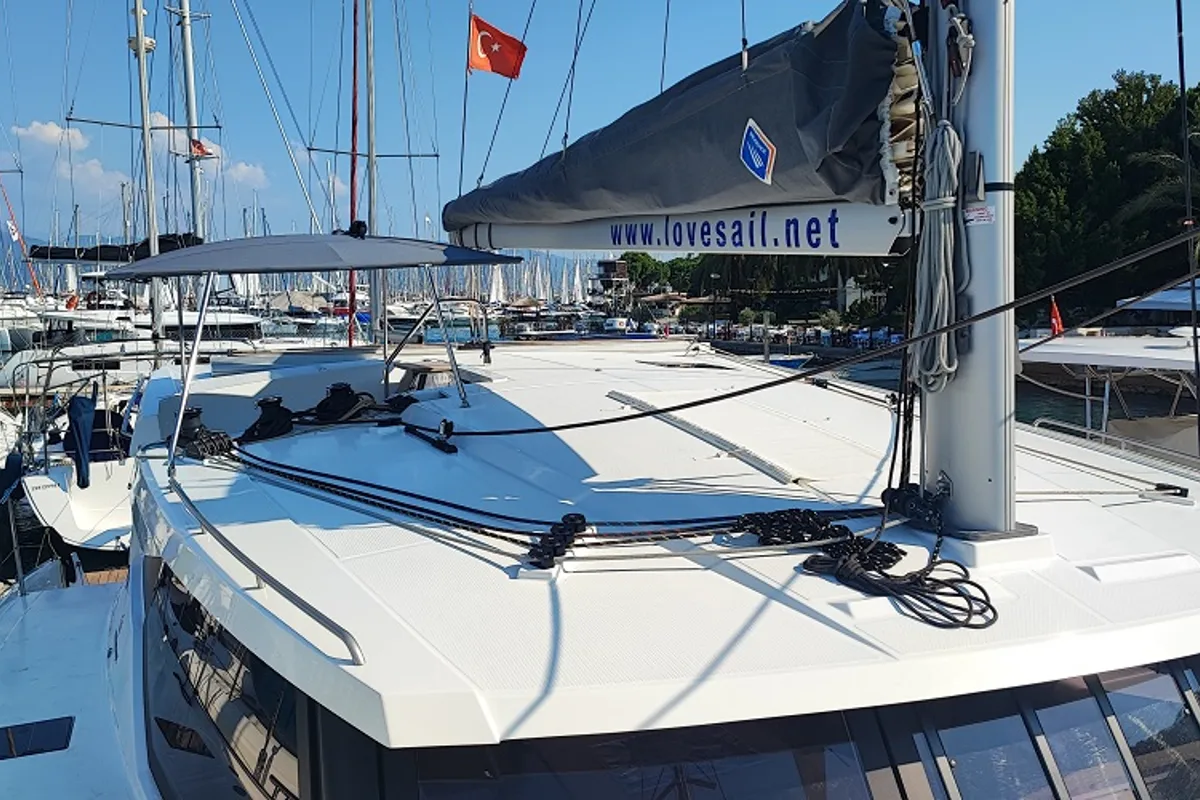 Deck of Blue Orion, a Fountaine Pajot Isla 40 catamaran at Fethiye, Turkey