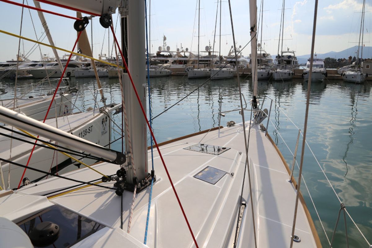 Deck of Kandur II , a Jeanneau Sun Odyssey 419 sailboat at Grad Kaštela, Croatia