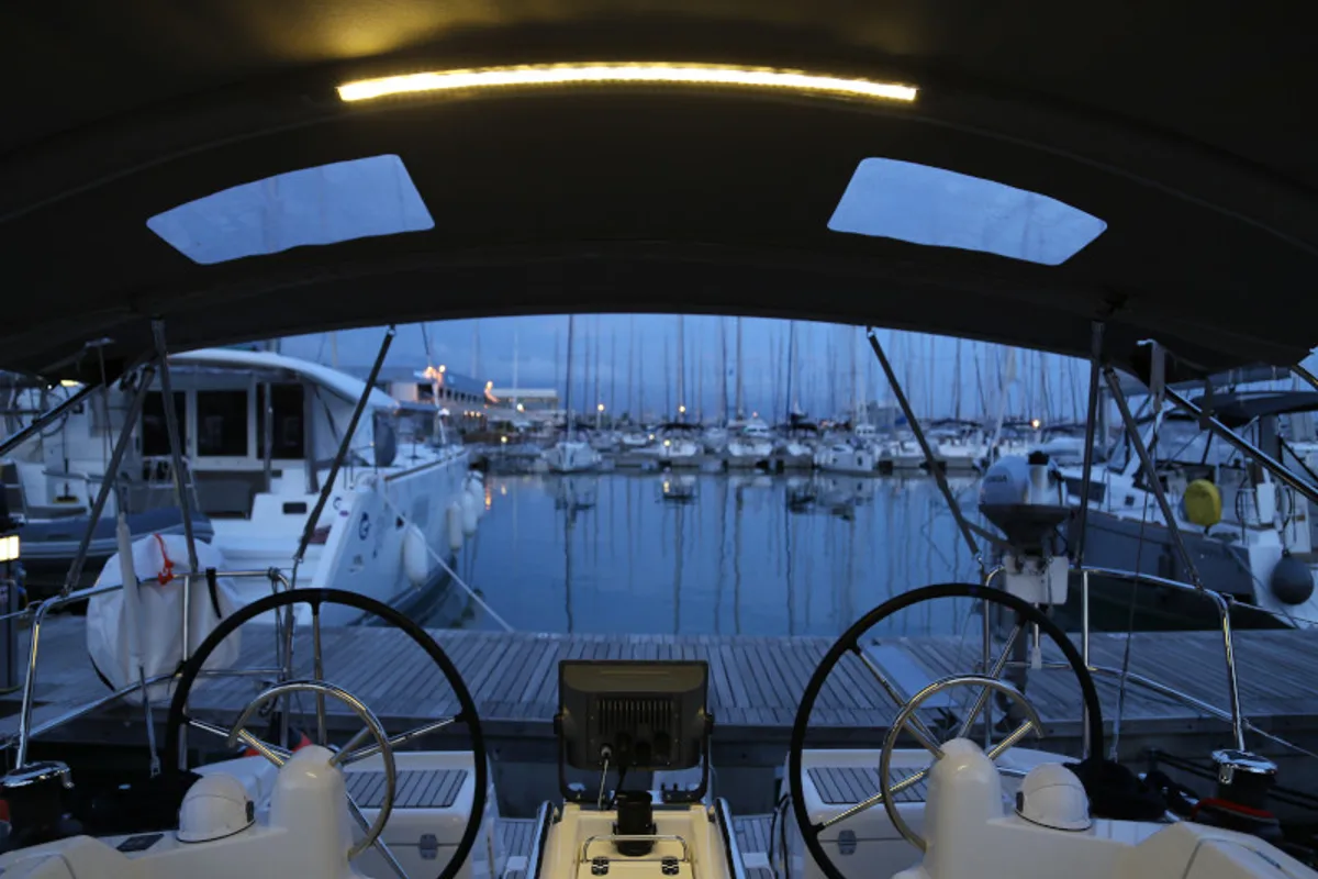 Cockpit of Kandur II , a Jeanneau Sun Odyssey 419 sailboat at Grad Kaštela, Croatia