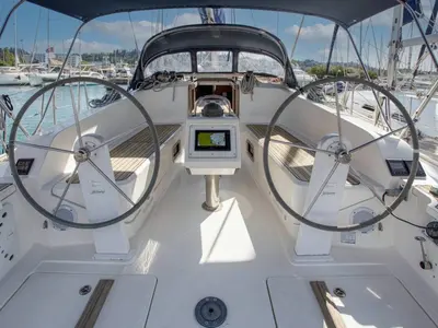 Cockpit of Ariti, a Bavaria Cruiser 41 sailboat at Kontokali, Greece