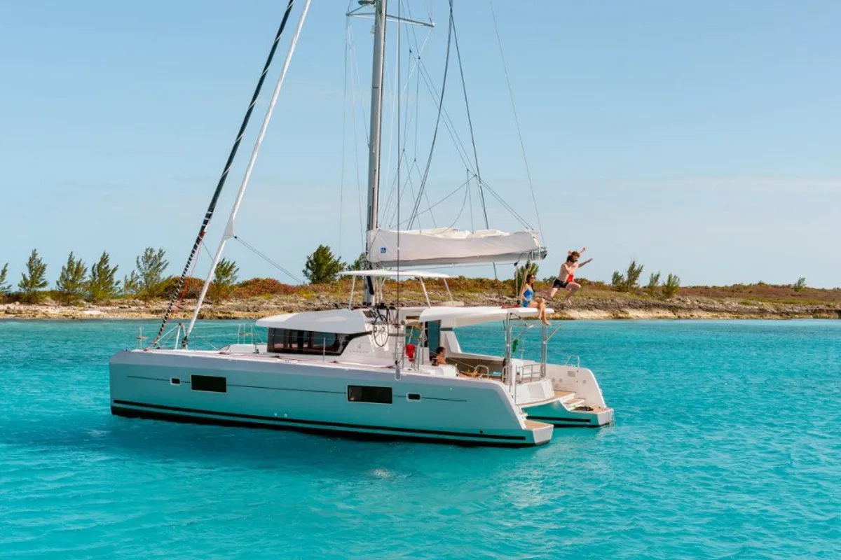 Exterior view of Blueskin, a Lagoon 42 catamaran at Seychelles, Mahe, Seychelles