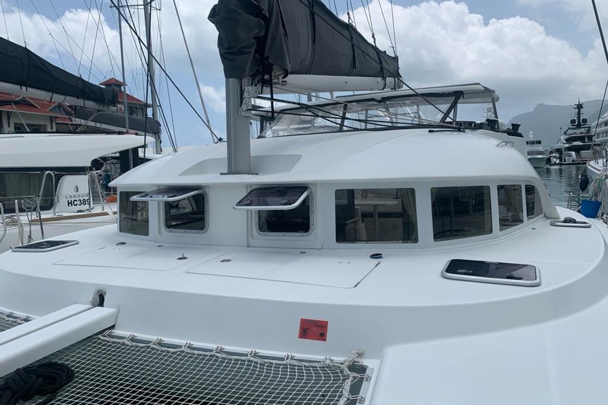 Deck of Pampero, a Lagoon 380 catamaran at Eden Island Marina, Seychelles