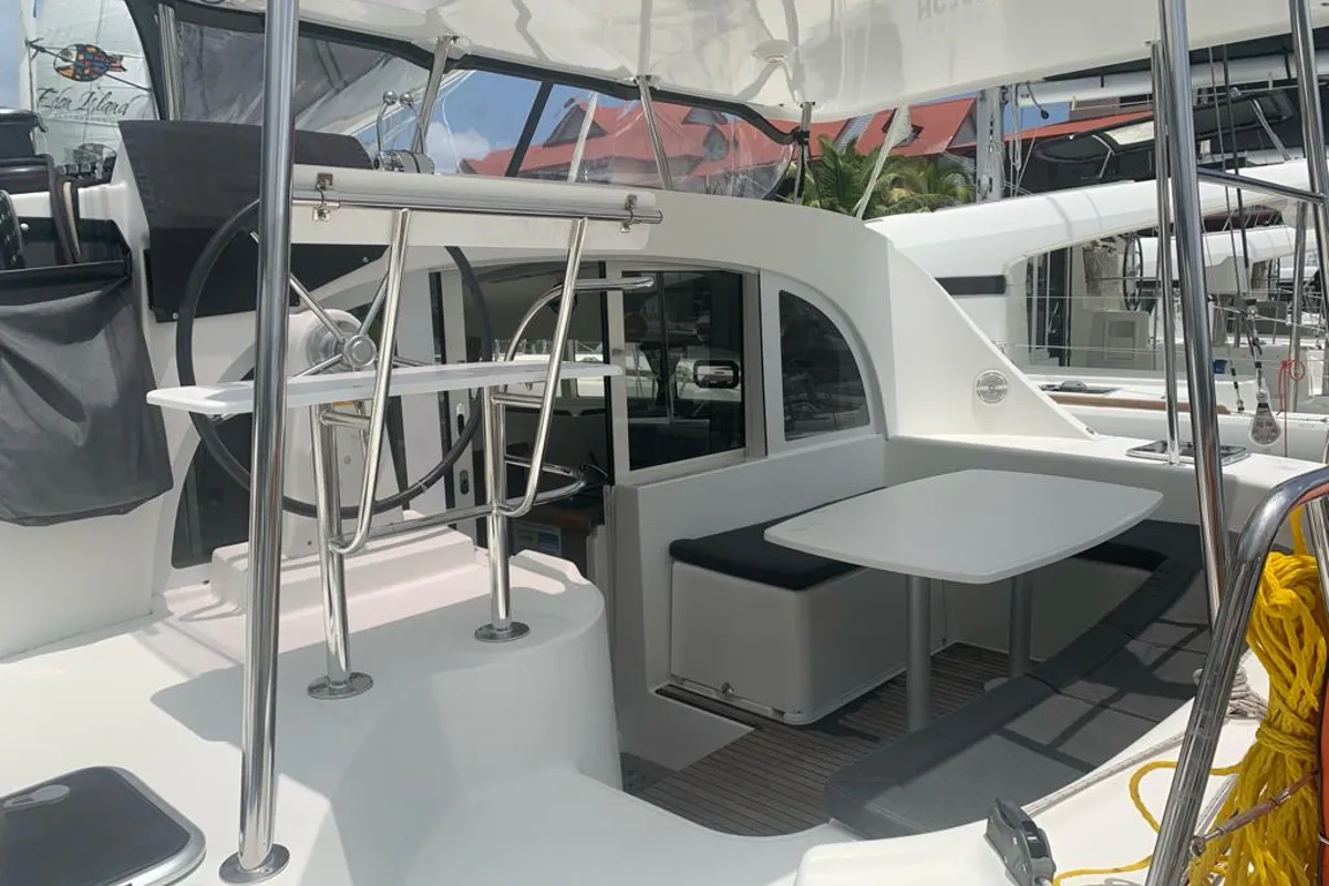 Deck of Pampero, a Lagoon 380 catamaran at Eden Island Marina, Seychelles