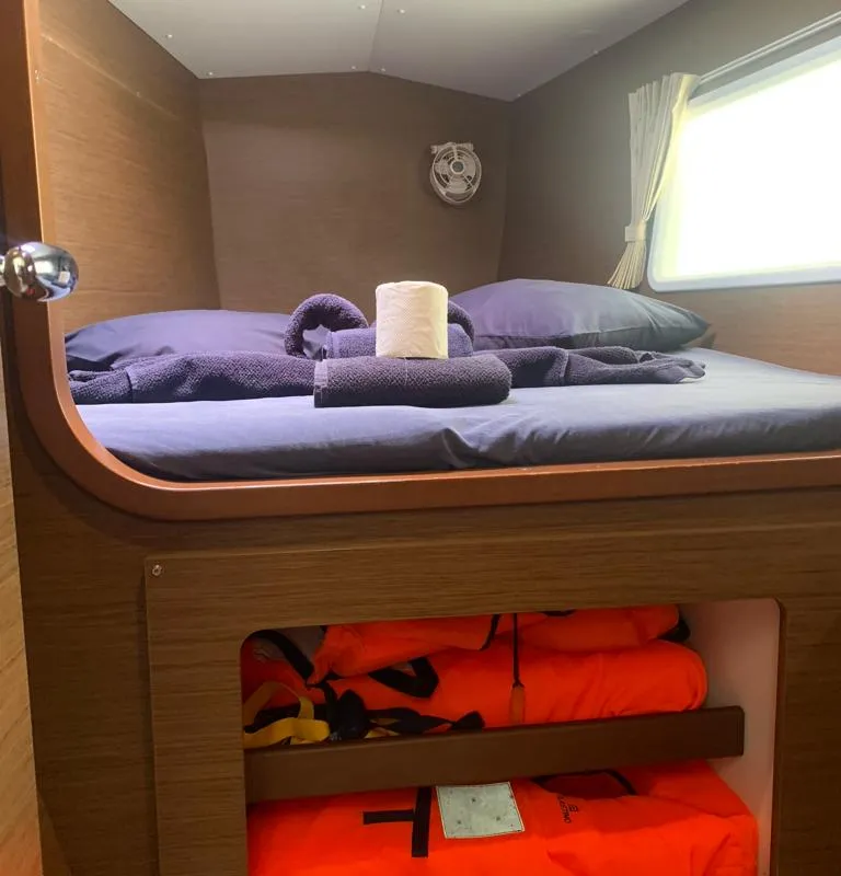 Cabin on Pampero, a Lagoon 380 catamaran at Eden Island Marina, Seychelles