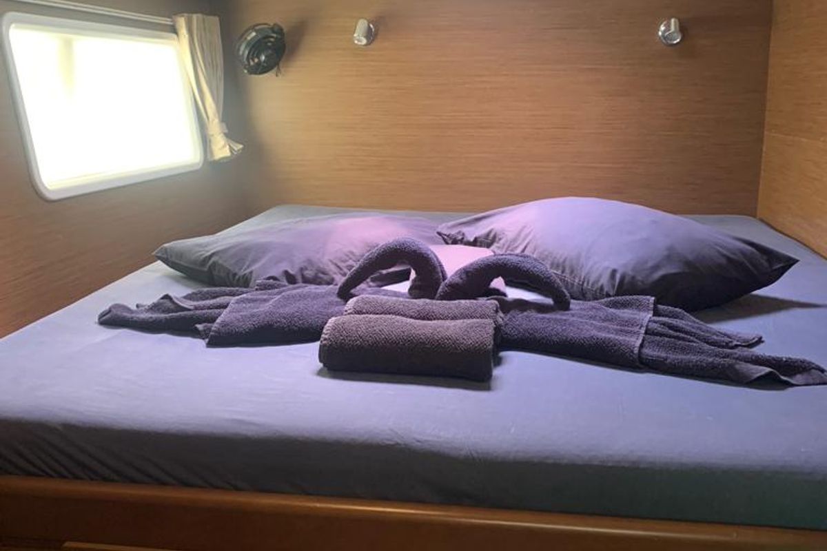 Cabin on Pampero, a Lagoon 380 catamaran at Eden Island Marina, Seychelles