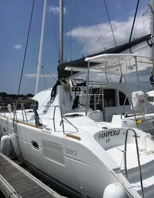 Exterior view of Pampero, a Lagoon 380 catamaran at Eden Island Marina, Seychelles
