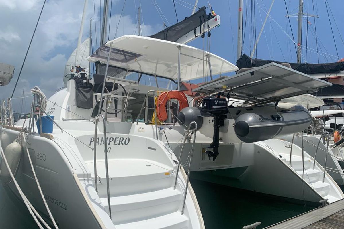 Exterior view of Pampero, a Lagoon 380 catamaran at Eden Island Marina, Seychelles