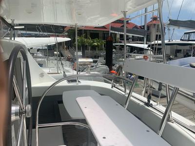 Cockpit of Pampero, a Lagoon 380 catamaran at Eden Island Marina, Seychelles