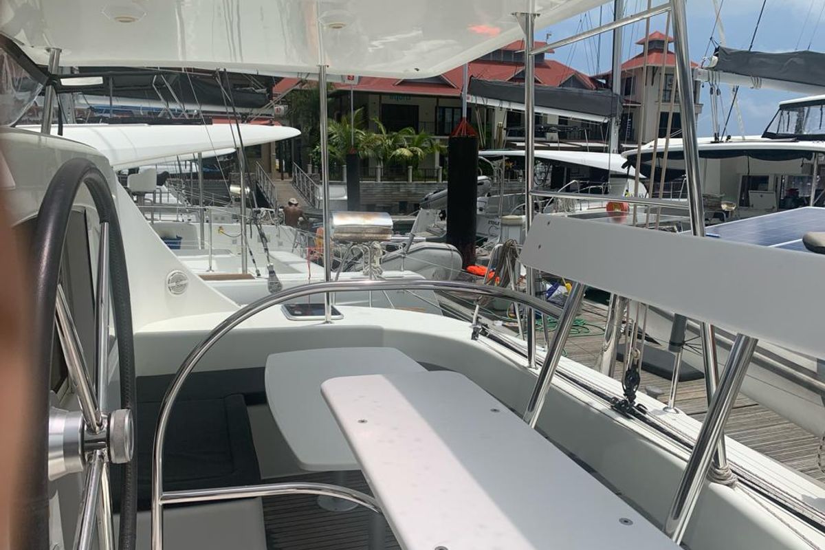 Cockpit of Pampero, a Lagoon 380 catamaran at Eden Island Marina, Seychelles