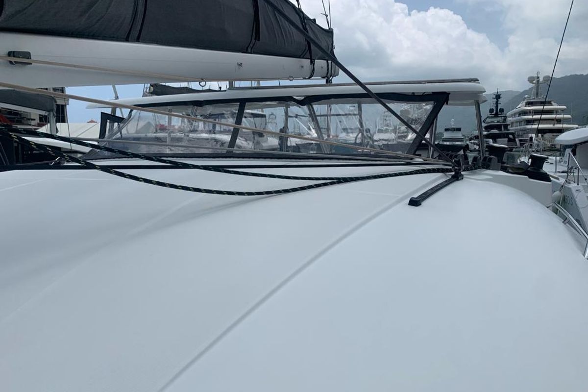 Deck of Pampero, a Lagoon 380 catamaran at Eden Island Marina, Seychelles