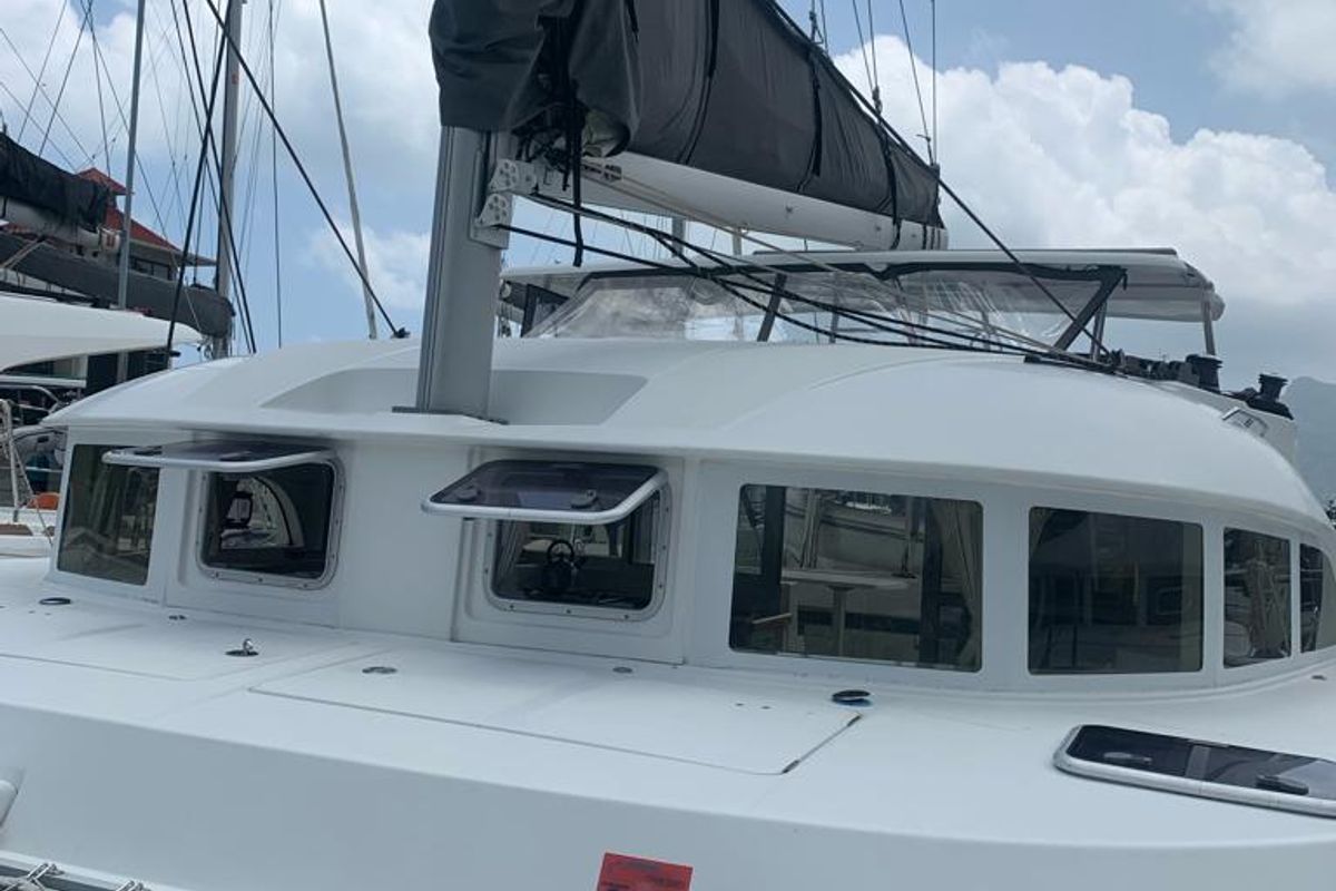 Deck of Pampero, a Lagoon 380 catamaran at Eden Island Marina, Seychelles