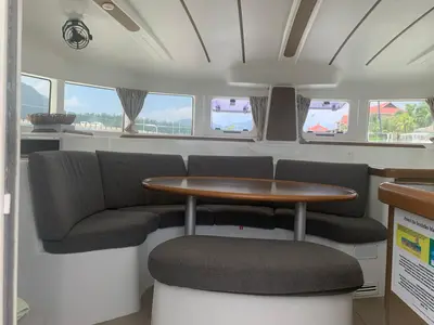 Salon of Pampero, a Lagoon 380 catamaran at Eden Island Marina, Seychelles