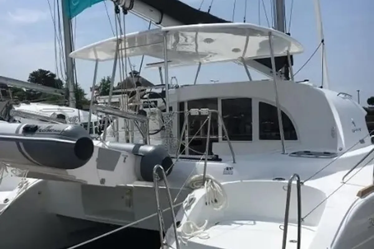 Exterior view of Pampero, a Lagoon 380 catamaran at Eden Island Marina, Seychelles
