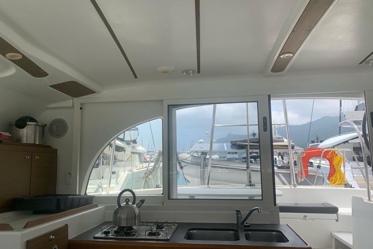 Galley of Pampero, a Lagoon 380 catamaran at Eden Island Marina, Seychelles