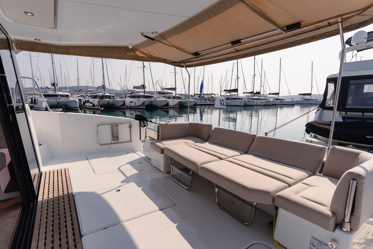 Deck of Dana, a Fountaine Pajot MY4.S catamaran at Seget Donji, Croatia