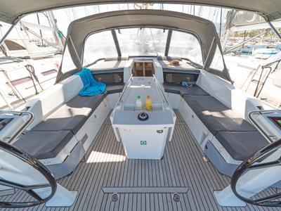 Cockpit of Beautiful Helen, a Beneteau Oceanis 46.1 sailboat at Kos, Greece