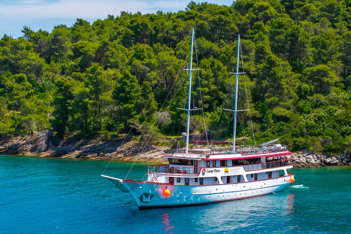 Exterior view of MS Carpe Diem, a Gulet Motor sailer motorboat at Grad Trogir, Croatia