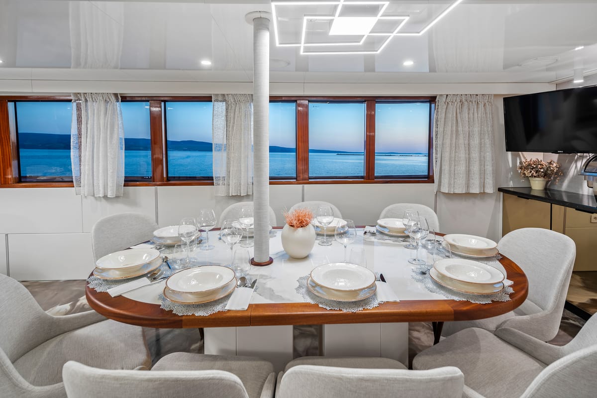 Salon of MS Carpe Diem, a Gulet Motor sailer motorboat at Grad Trogir, Croatia