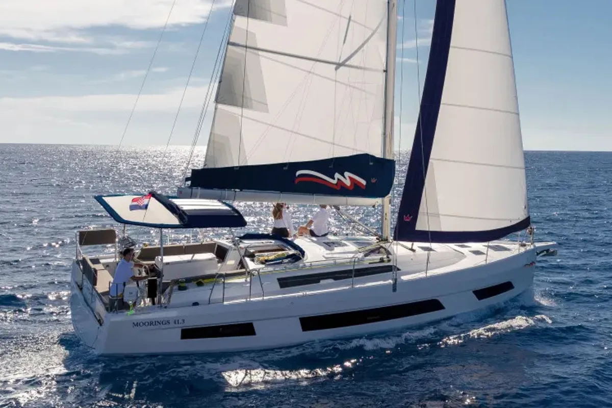 Exterior view of Moorings 41.3 Exclusive Plus, a Dufour 41 sailboat at Grand Anse, Grenada