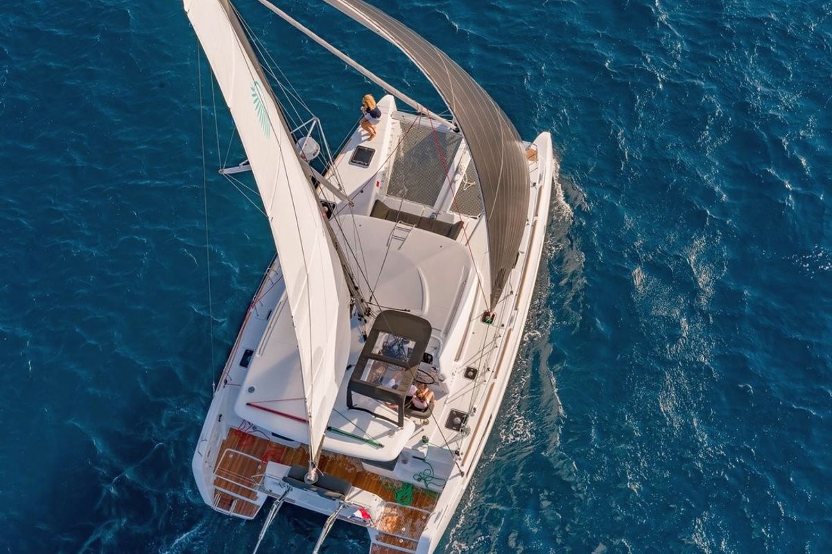 Exterior view of Bella Mare, a Lagoon 40 catamaran at Athens, Greece