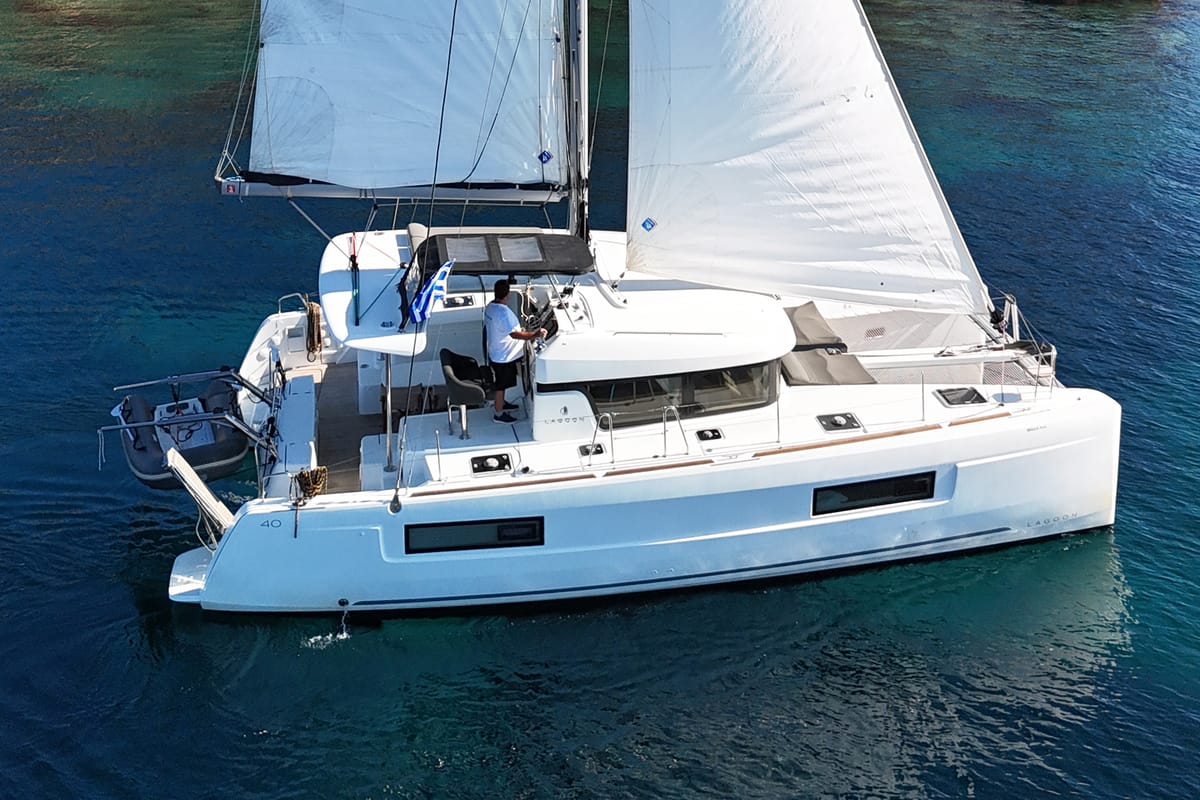 Exterior view of Bella Mare, a Lagoon 40 catamaran at Athens, Greece