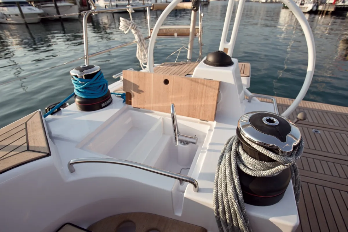 Deck of Moonlight, a Elan Impression 50 sailboat at Grad Biograd na Moru, Croatia