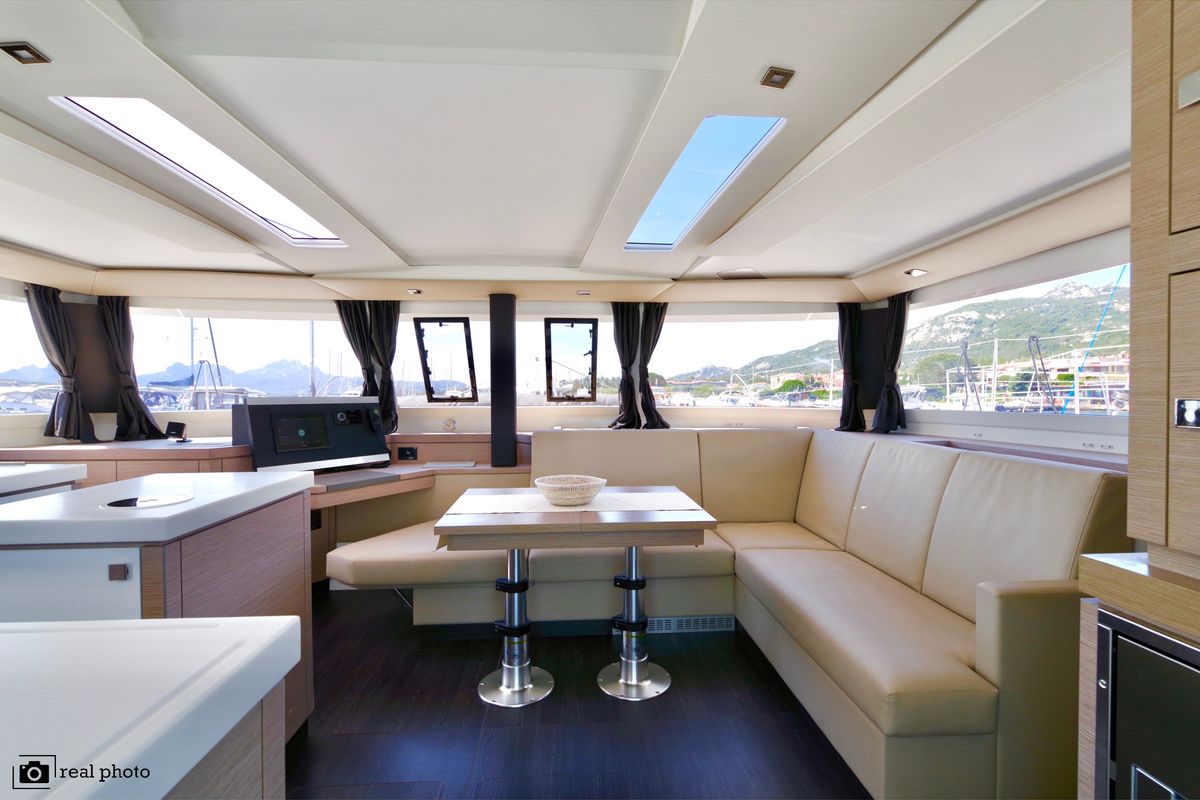 Salon of Orsa 3, a Fountaine Pajot Saona 47 catamaran at Cannigione, Italy