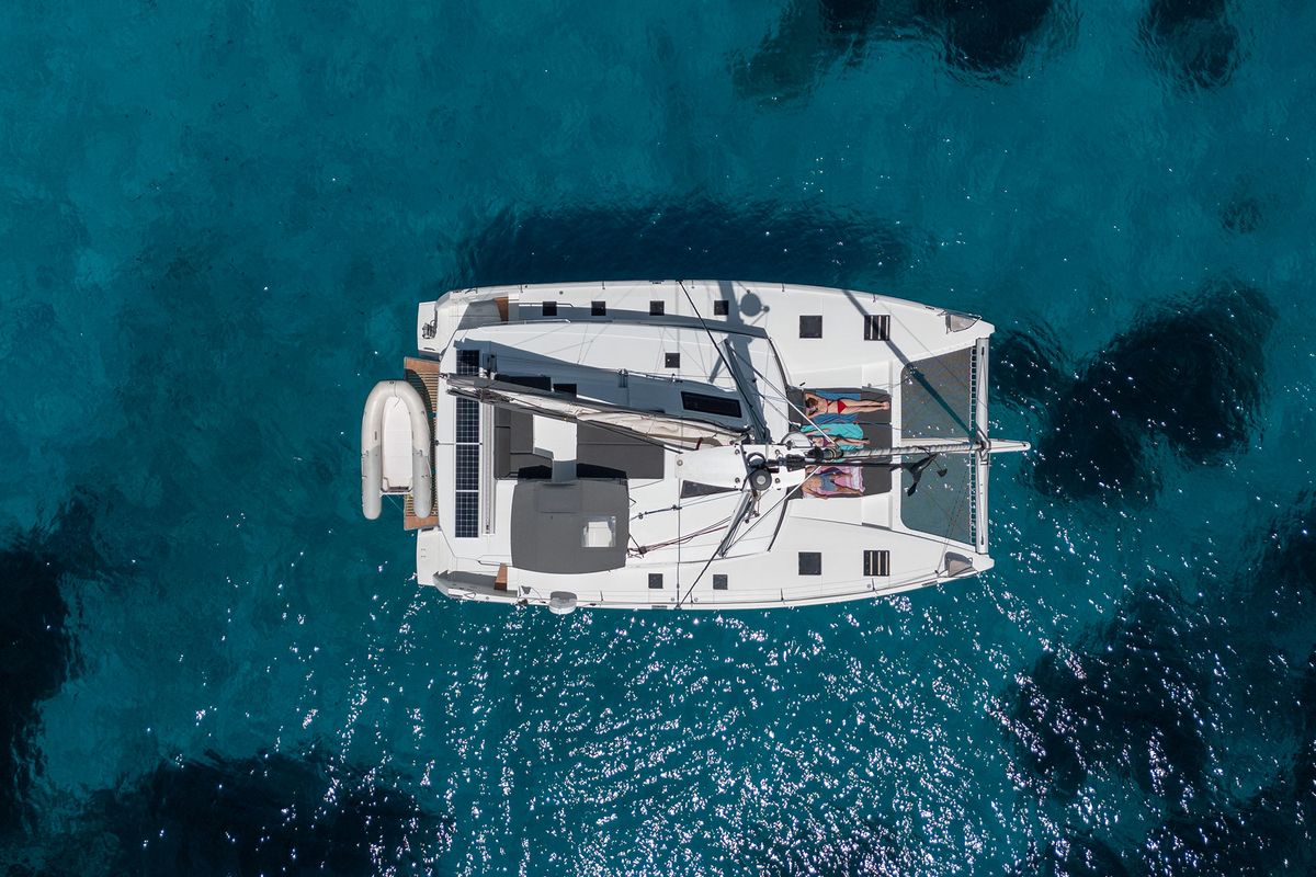 Exterior view of Orsa 3, a Fountaine Pajot Saona 47 catamaran at Cannigione, Italy