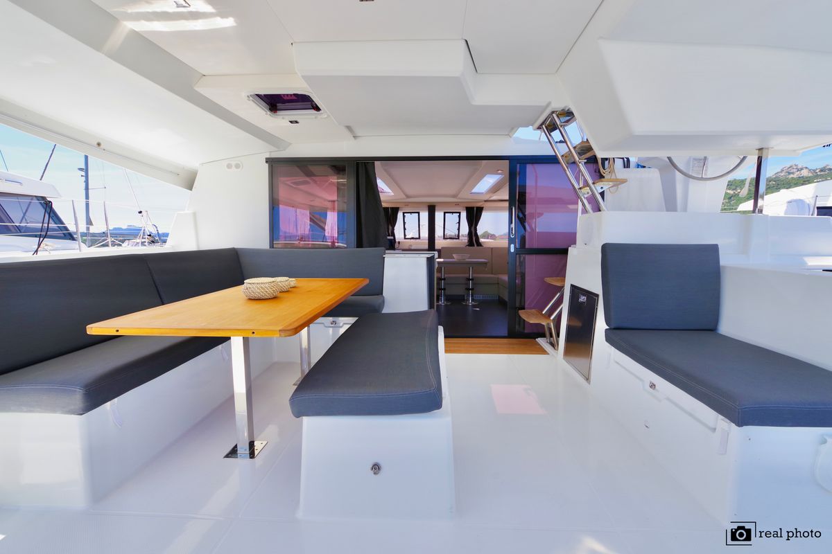 Deck of Orsa 3, a Fountaine Pajot Saona 47 catamaran at Cannigione, Italy