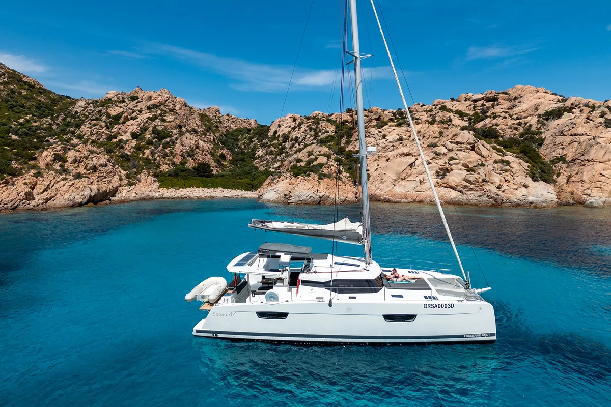 Exterior view of Orsa 3, a Fountaine Pajot Saona 47 catamaran at Cannigione, Italy
