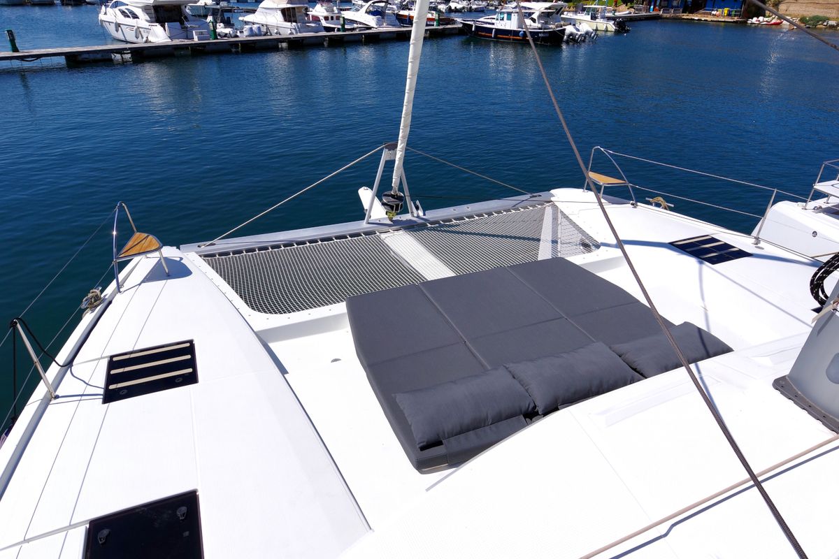 Deck of Orsa 3, a Fountaine Pajot Saona 47 catamaran at Cannigione, Italy