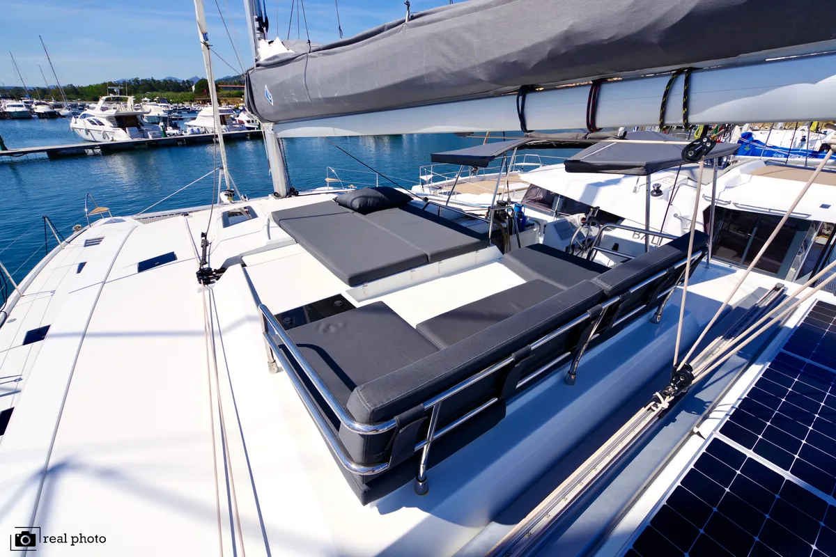Deck of Orsa 3, a Fountaine Pajot Saona 47 catamaran at Cannigione, Italy
