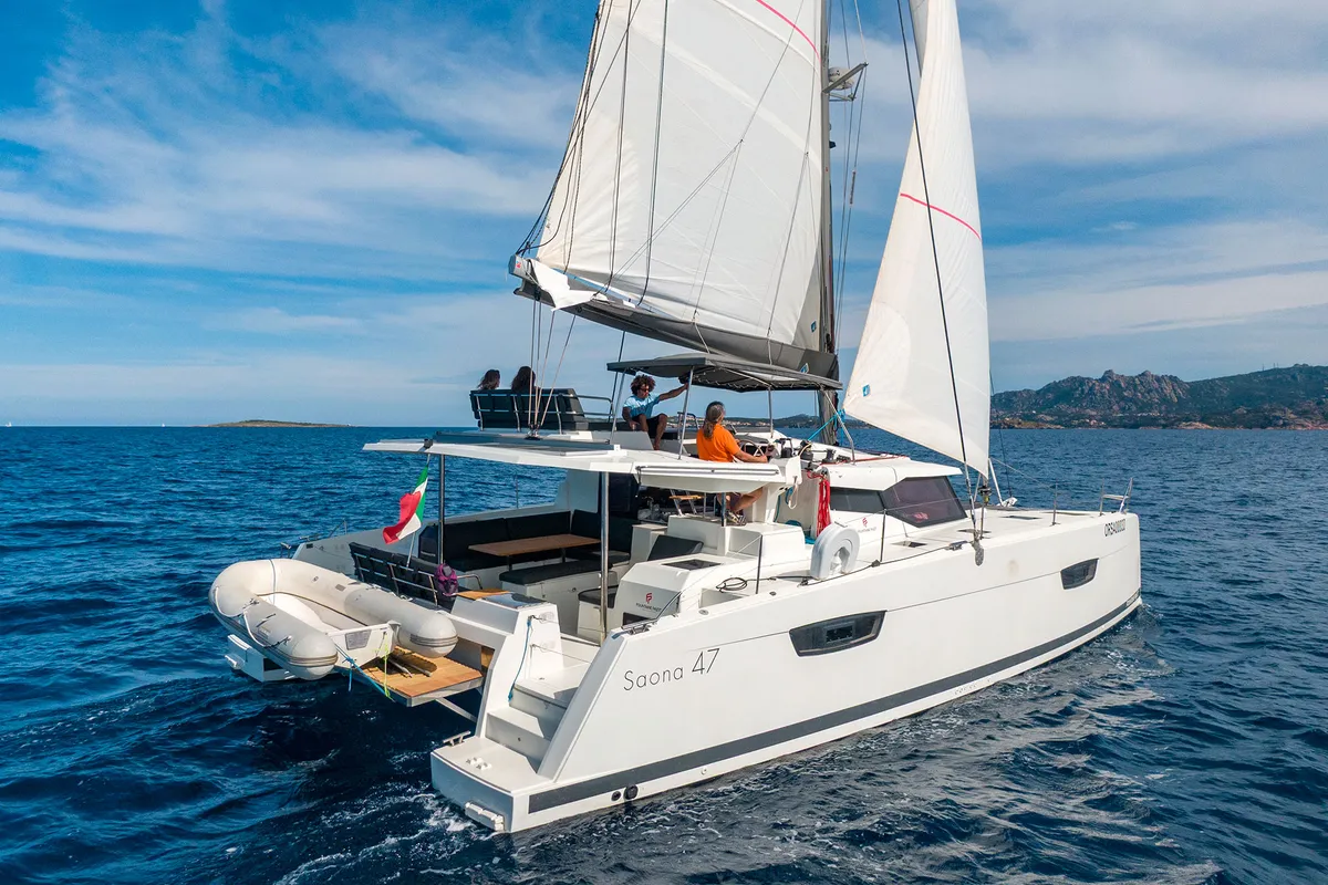 Exterior view of Orsa 3, a Fountaine Pajot Saona 47 catamaran at Cannigione, Italy