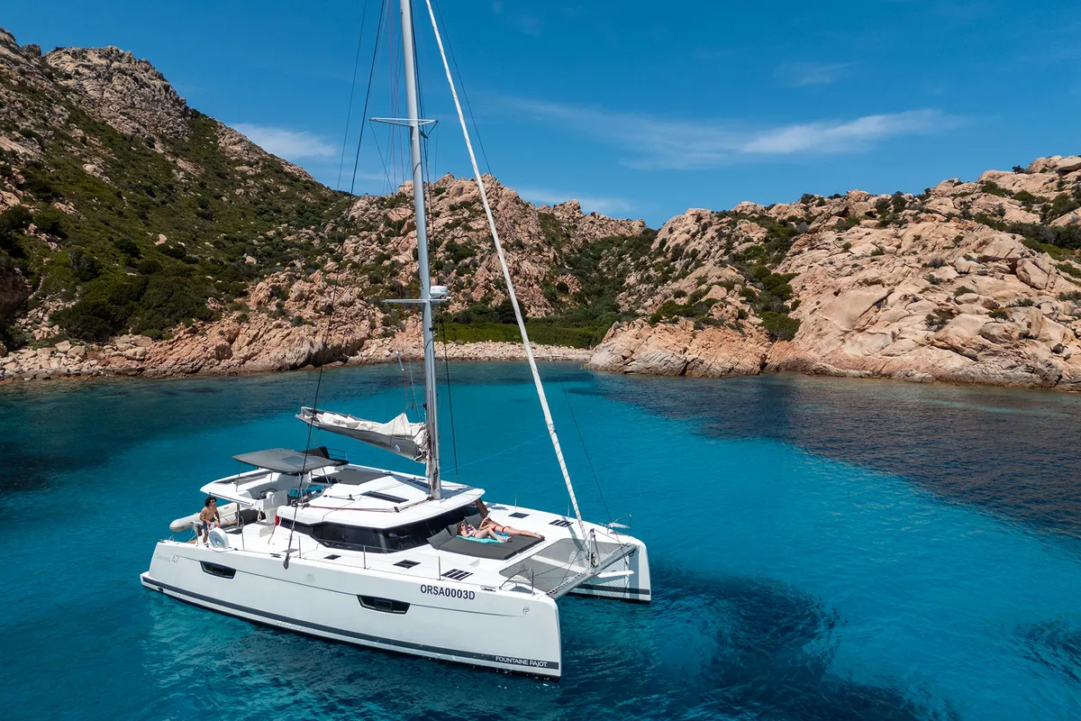 Exterior view of Orsa 3, a Fountaine Pajot Saona 47 catamaran at Cannigione, Italy