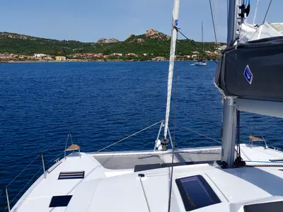 Deck of Orsa 3, a Fountaine Pajot Saona 47 catamaran at Cannigione, Italy