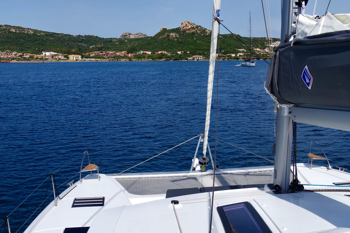 Deck of Orsa 3, a Fountaine Pajot Saona 47 catamaran at Cannigione, Italy