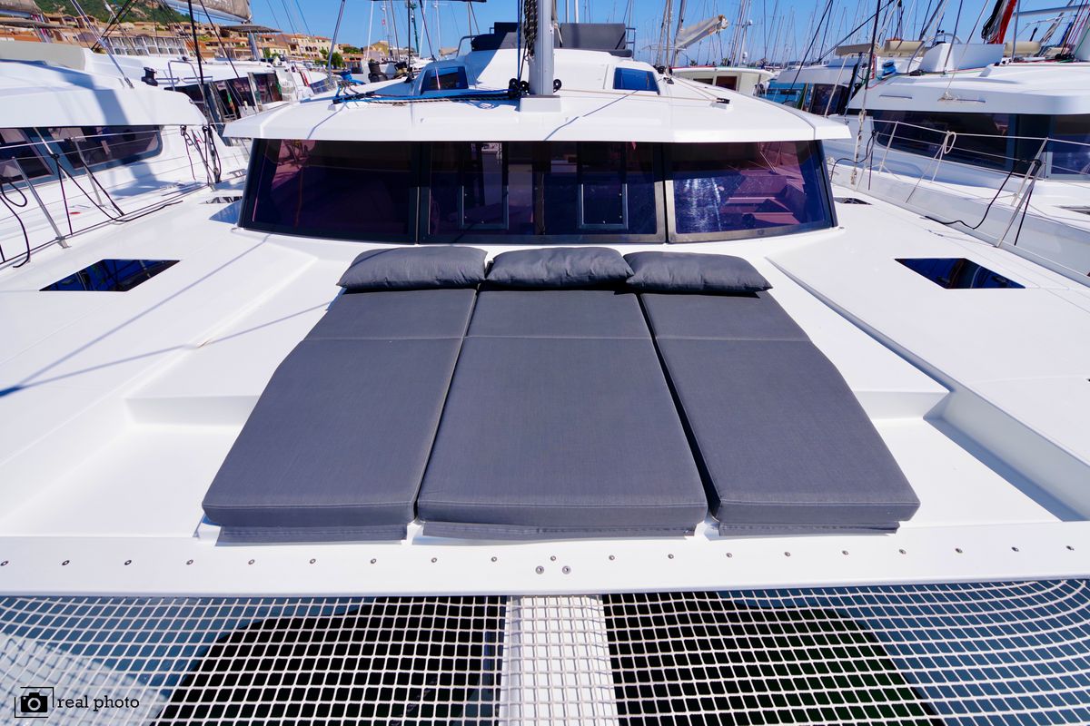 Deck of Orsa 3, a Fountaine Pajot Saona 47 catamaran at Cannigione, Italy