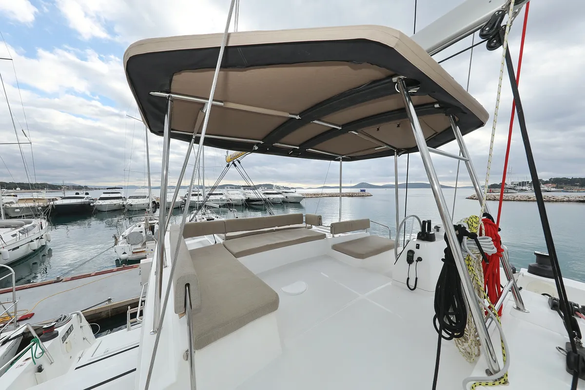 Deck of Triton, a Bali 4.6 catamaran at Grad Trogir, Croatia