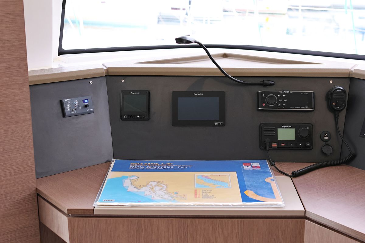 Cockpit of Triton, a Bali 4.6 catamaran at Grad Trogir, Croatia