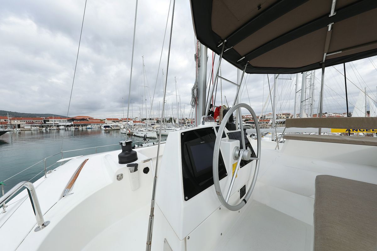 Cockpit of Triton, a Bali 4.6 catamaran at Grad Trogir, Croatia