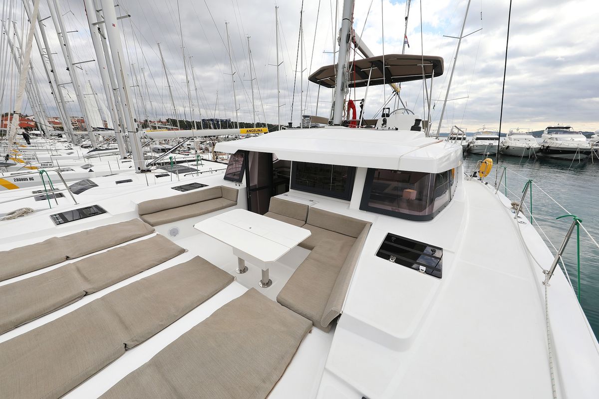 Deck of Triton, a Bali 4.6 catamaran at Grad Trogir, Croatia