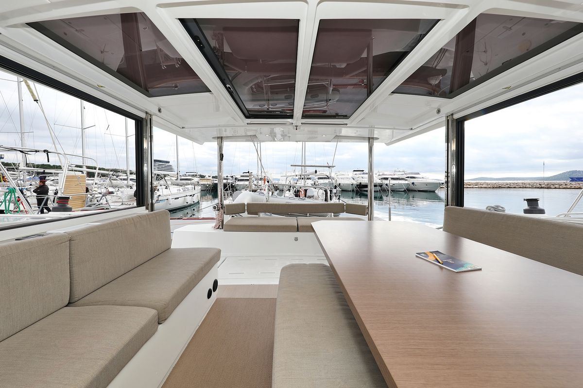 Salon of Triton, a Bali 4.6 catamaran at Grad Trogir, Croatia