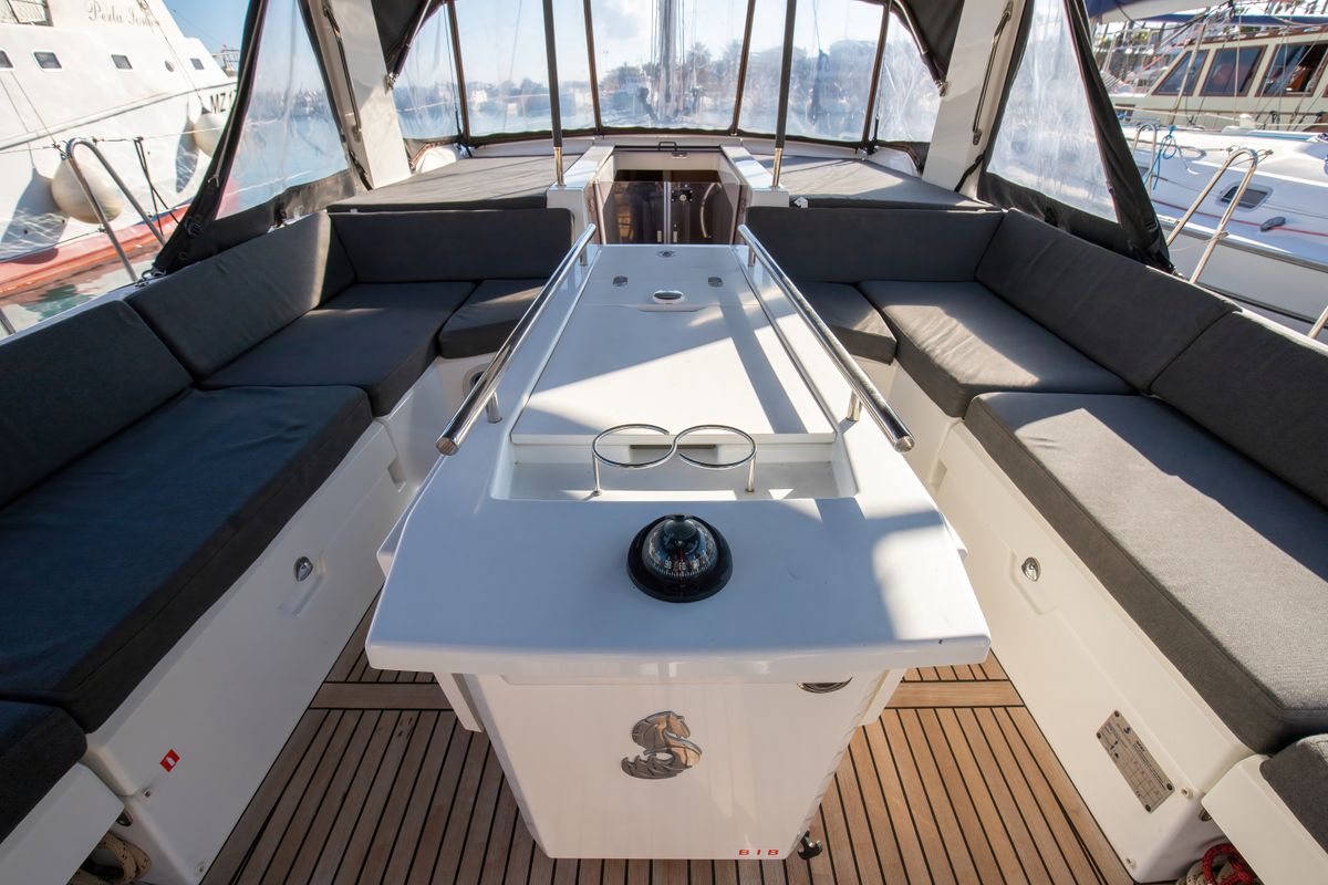 Deck of Olimpia, a Beneteau Oceanis 51.1 sailboat at Capo d'Orlando, Italy