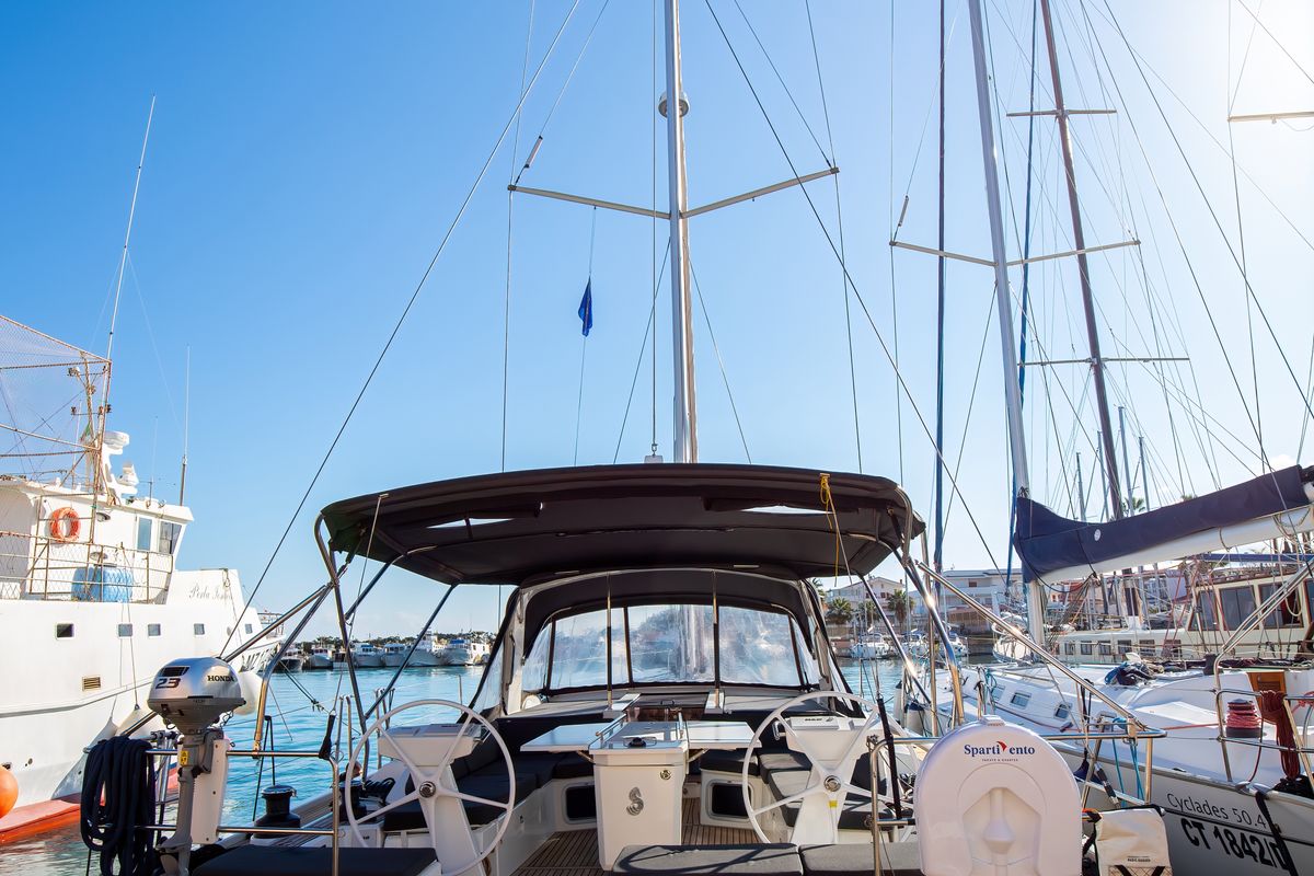 Exterior view of Olimpia, a Beneteau Oceanis 51.1 sailboat at Capo d'Orlando, Italy