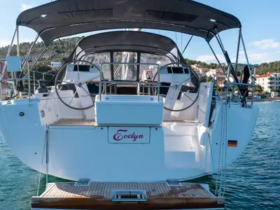 Cockpit of Evelyn, a Hanse Yachts Hanse 508 sailboat at Seget Donji, Croatia