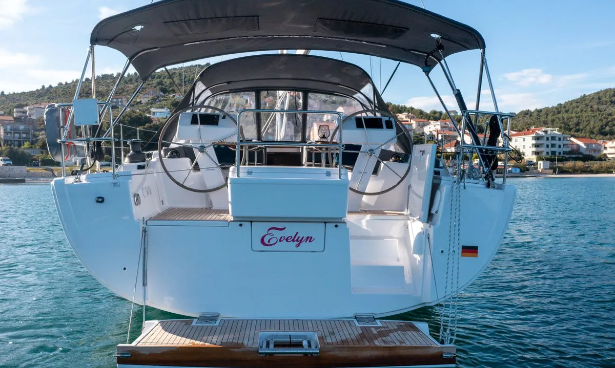 Cockpit of Evelyn, a Hanse Yachts Hanse 508 sailboat at Seget Donji, Croatia