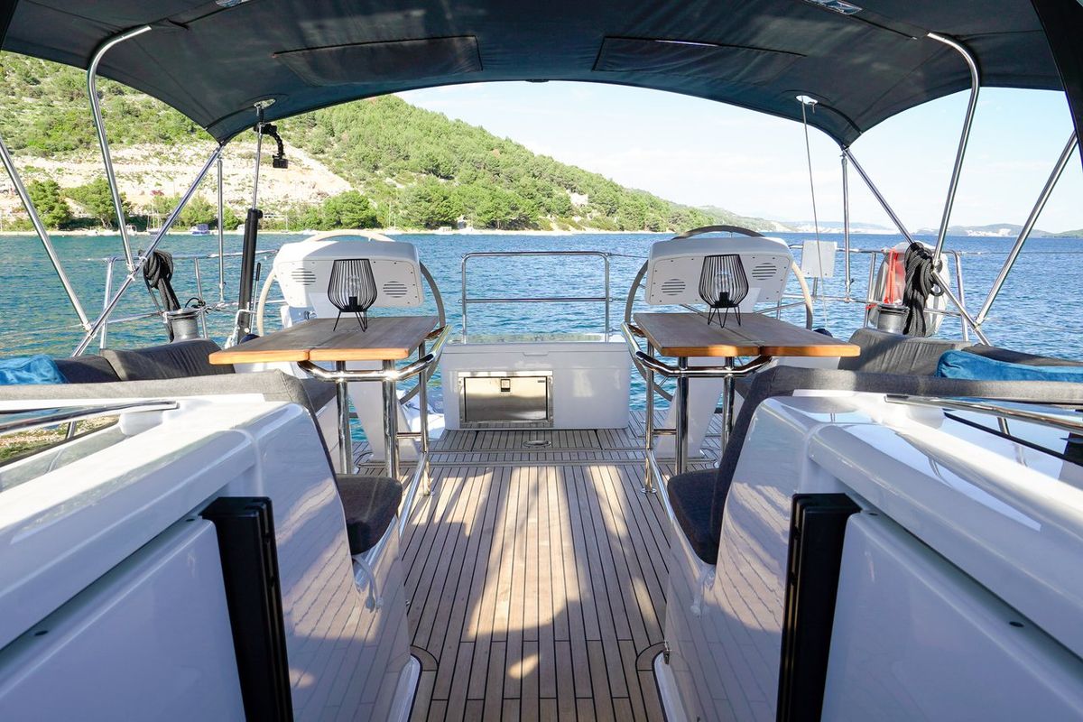 Cockpit of Evelyn, a Hanse Yachts Hanse 508 sailboat at Seget Donji, Croatia